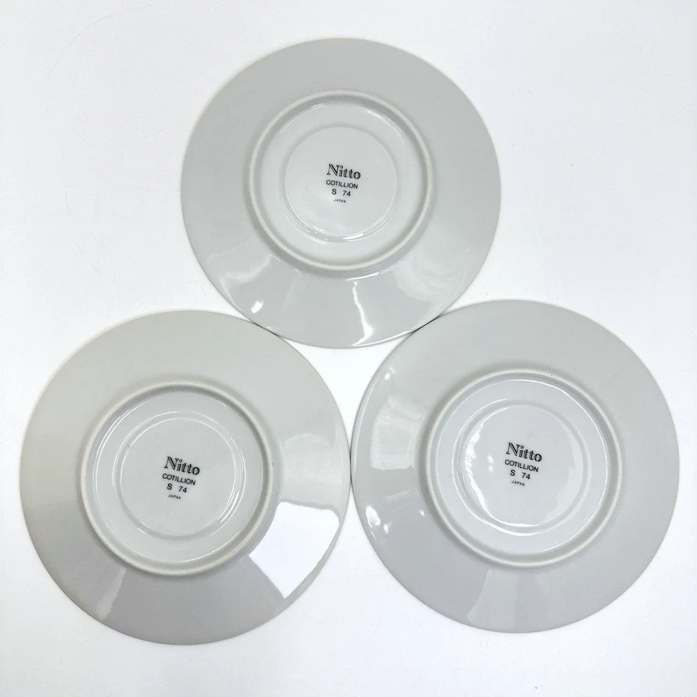 Nitto Cotillion S74 Saucers Set 3 White Grey Floral Platinum Trim Japan Vintage